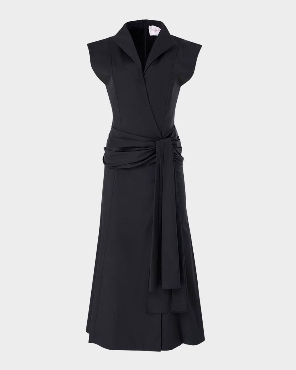Cap-Sleeve Hip-Sash Midi Wrap Dress